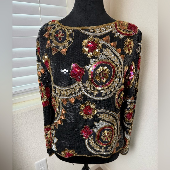 Scala Tops - Scala 80's Vintage 100%‎ Silk Sequined beaded blouse